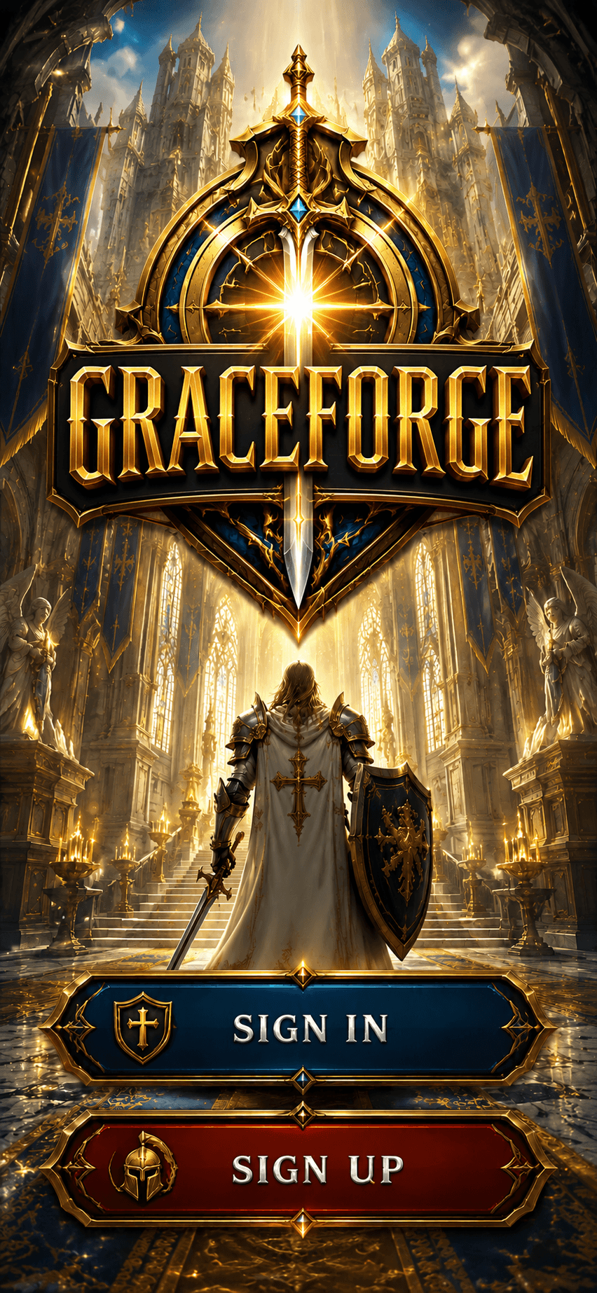 Graceforge — a paladin stands in a radiant cathedral before the golden crest